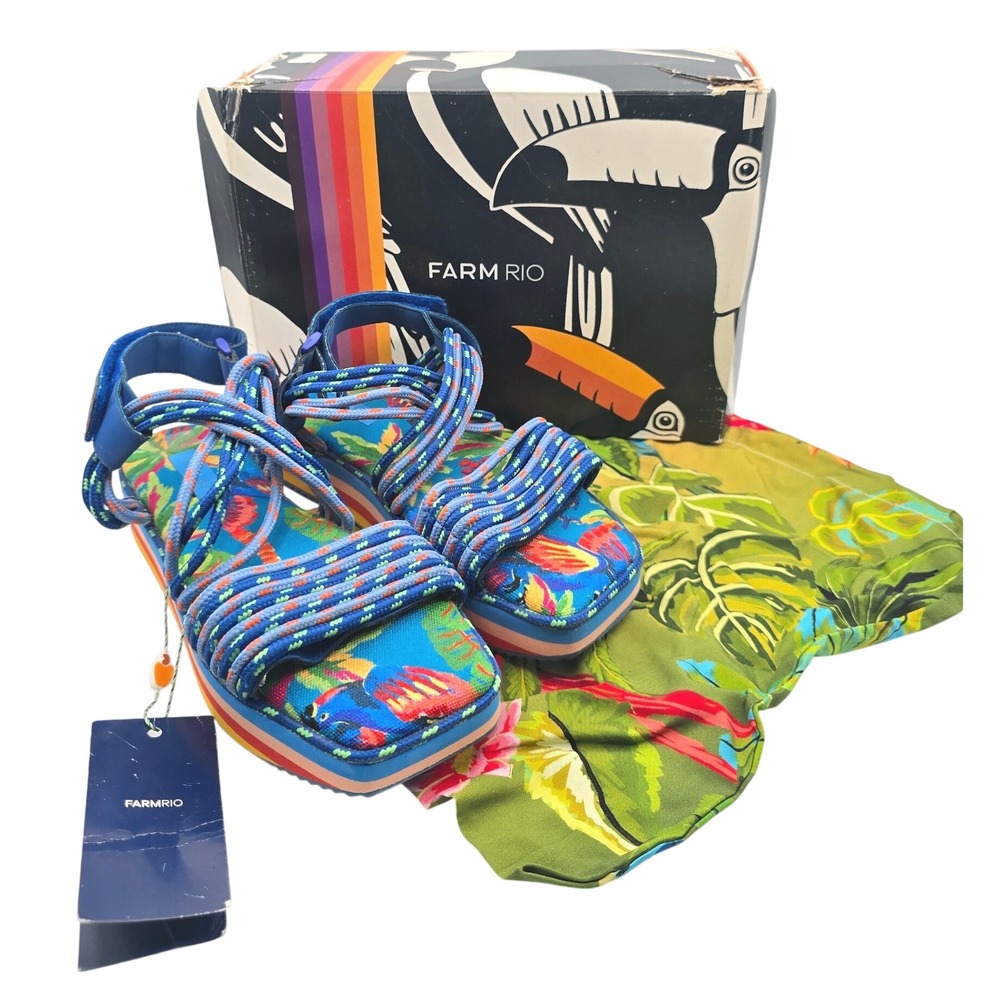 Farm Rio Blue Macaw Platform Rope Sandals Tropical Rainbow Striped 10 NEW